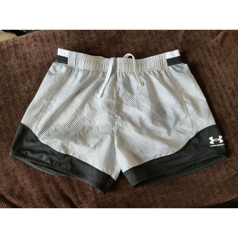 Under Armour Running Shorts Size SM White Grey Stripe Black Panel Athletic